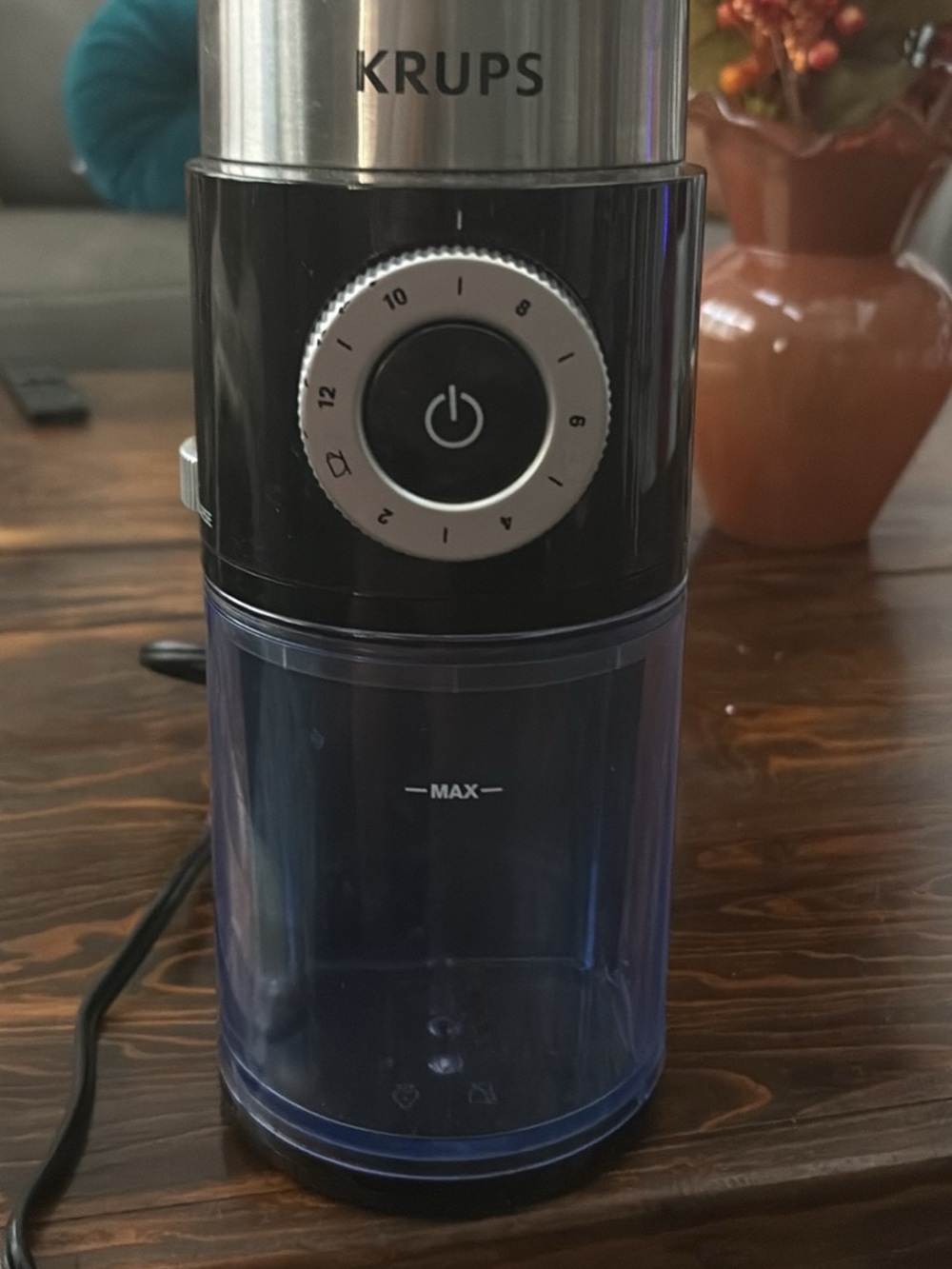 KRUPS Electric Coffee Grinder in Black with Blue Bean Container